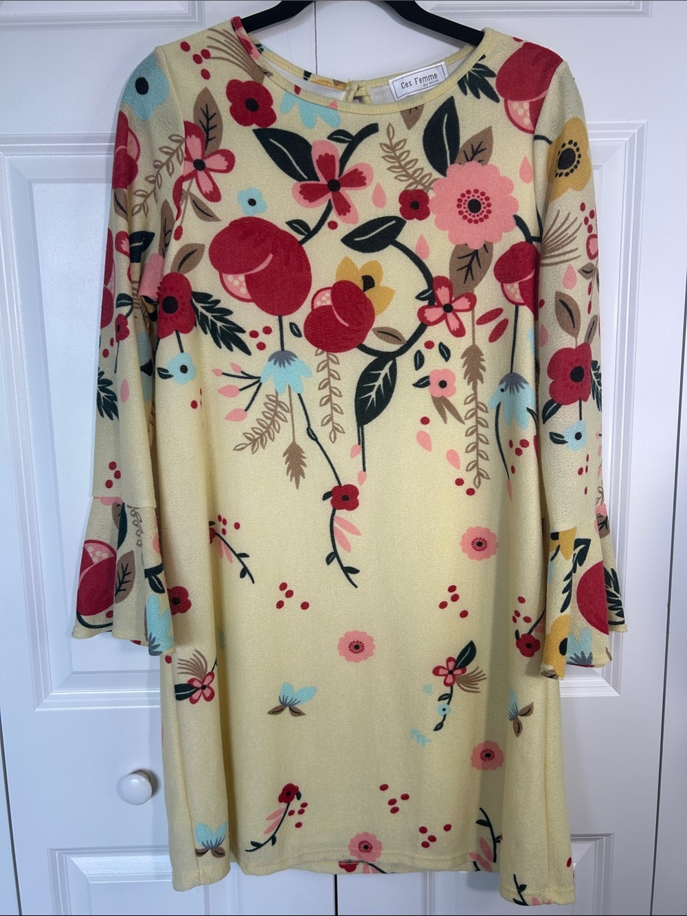 Ces Femme Yellow Floral Bell-Sleeve Tunic Dress - Picture 2 of 7